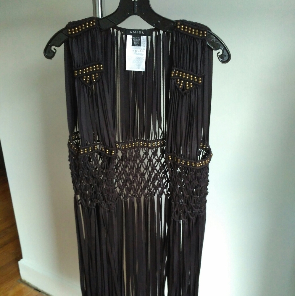 Amisu long suede black fringe vest